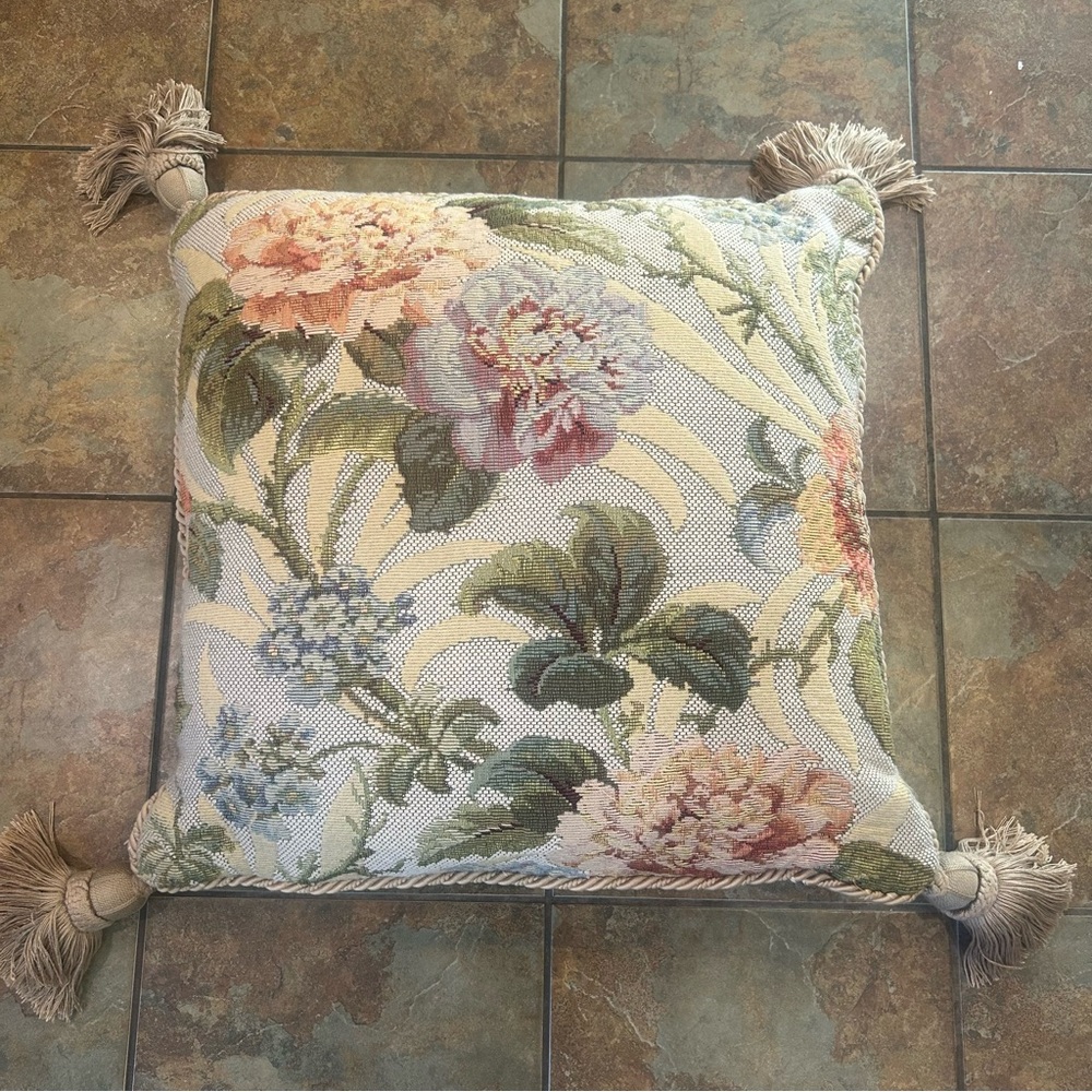 ANICHINI Large Viscose Wool Floral Tapestry Throw Pillow with Tassels